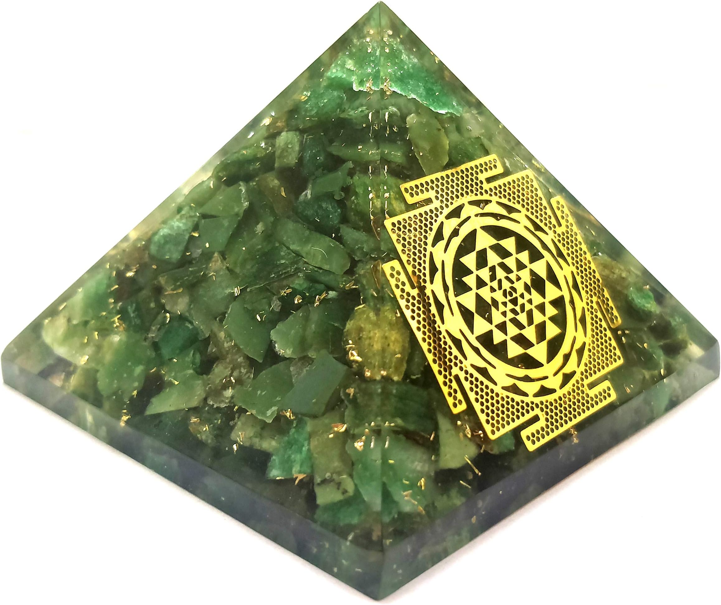 OrgoniteShop Green Mica Shree Yantra Symbol Orgonite Pyramid | Crystal and Stones | Healing Gift | Orgone Energy Generator | Chakra Stone | Vastu Correction