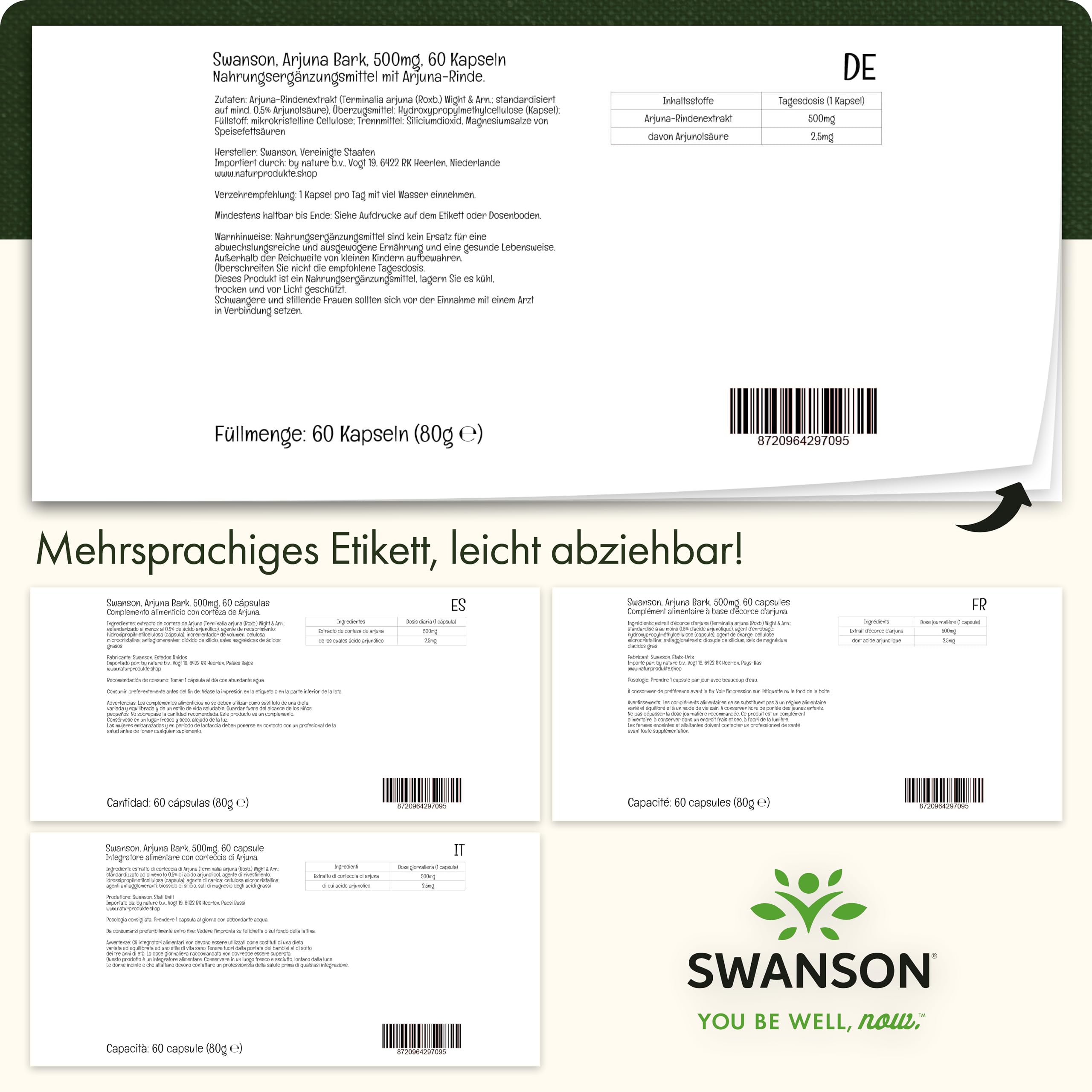 Swanson, Standarised Arjuna Bark, 60 vegetarische Kapseln, 500mg Arjuna-Rindenextrakt je Dosis, Glutenfrei, Sojafrei, GMO frei, Geschmacksneutral