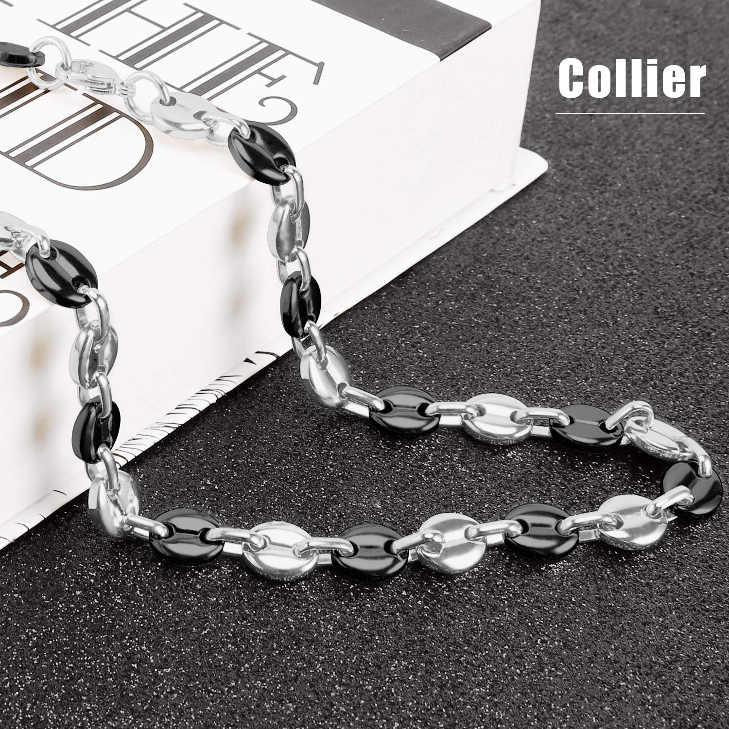 AURSTORE Parure Bracelet ET Chaine Homme Acier INOX Massif Grain DEà café Taille Couleurs AU Choix (11mm, Argenté-Noir)