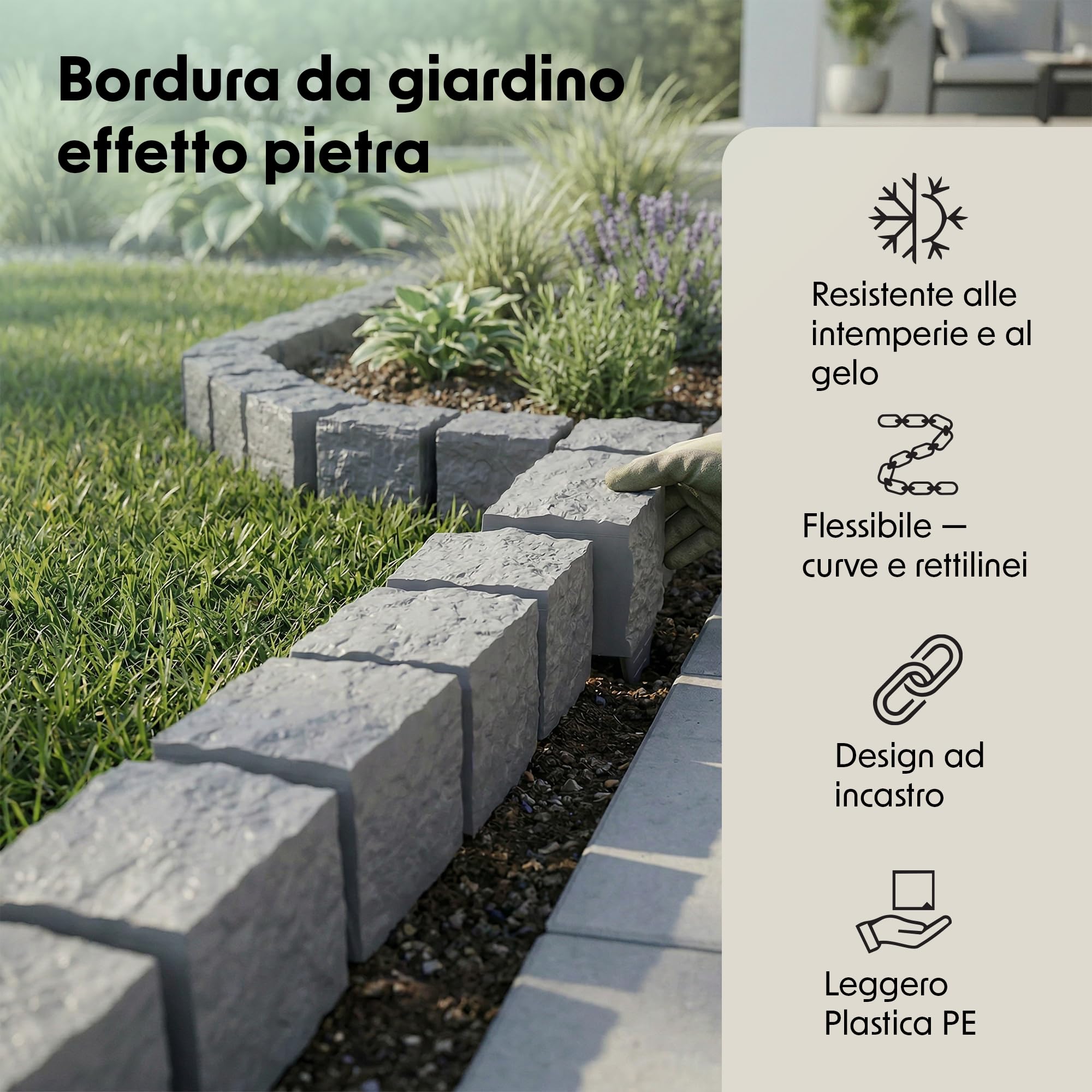 GARDENIX Bordo per prato, 2,4 m, effetto pietra, grigio, 10 x 10 x 10 cm, bordatura per aiuole in plastica, recinzione da giardino, aiuole