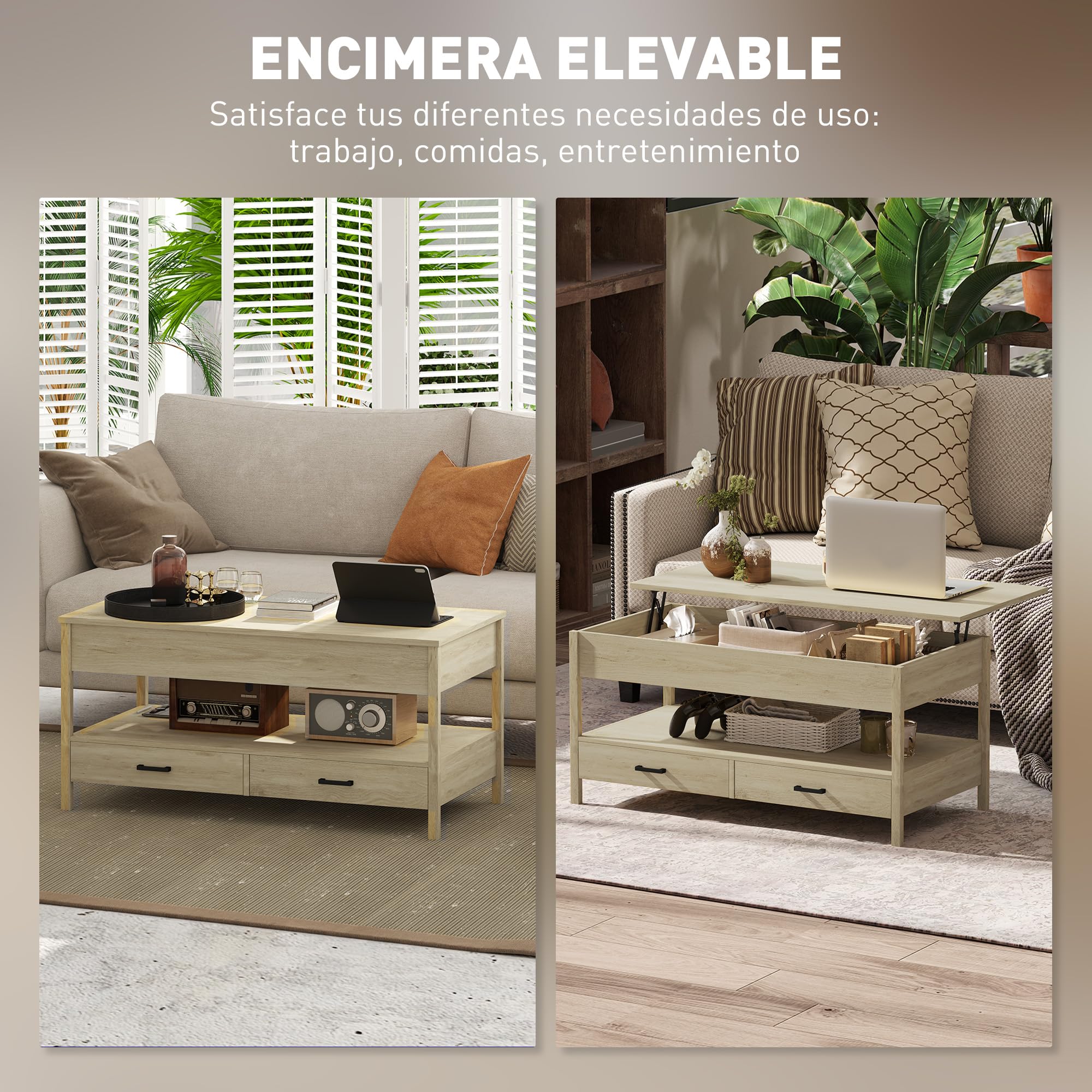 HOMCOM Mesa de Centro Elevable Encimera Elevable Cajones Roble | Mesa de Café, Espacio Oculto de Almacenaje, Estante Abierto, 100x50x48-62 cm