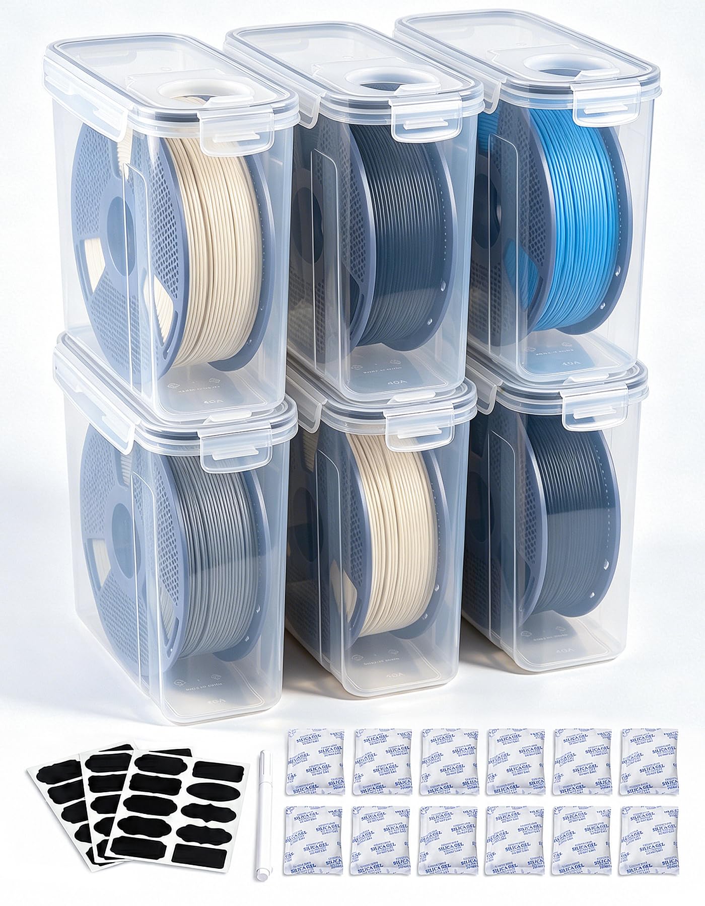 Cajas de almacenamiento para filamento 3D, pack de 6, Dry Box herméticas de 4,0 L con gel de sílice reutilizable, para bobinas de 1 kg PLA PETG TPU