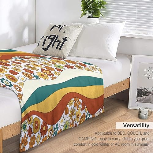 Miniatura 5 de Manta floral retro de los años 70, estilo bohemio, ondulado, geométrico, hippie, lindas flores, amarillo y naranja, manta con estampado abstracto