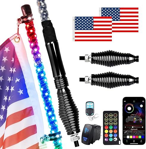 Whip Lights Uemicip 2PCS - 2 luces LED RGB en espiral de 4 pies para UTV, con base de resorte App y control remoto inalámbrico RF, látigos de antena