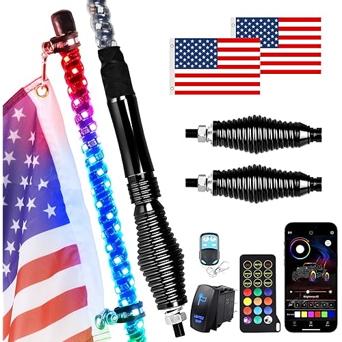 2PCS 3FT Spiral RGB LED Whip Light for UTV, with Spring Base App & RF Wireless Remote Control, Chasing Lighted Antenna Whips for UTV ATV RZR SXS Can-Am Polaris Offroad Truck