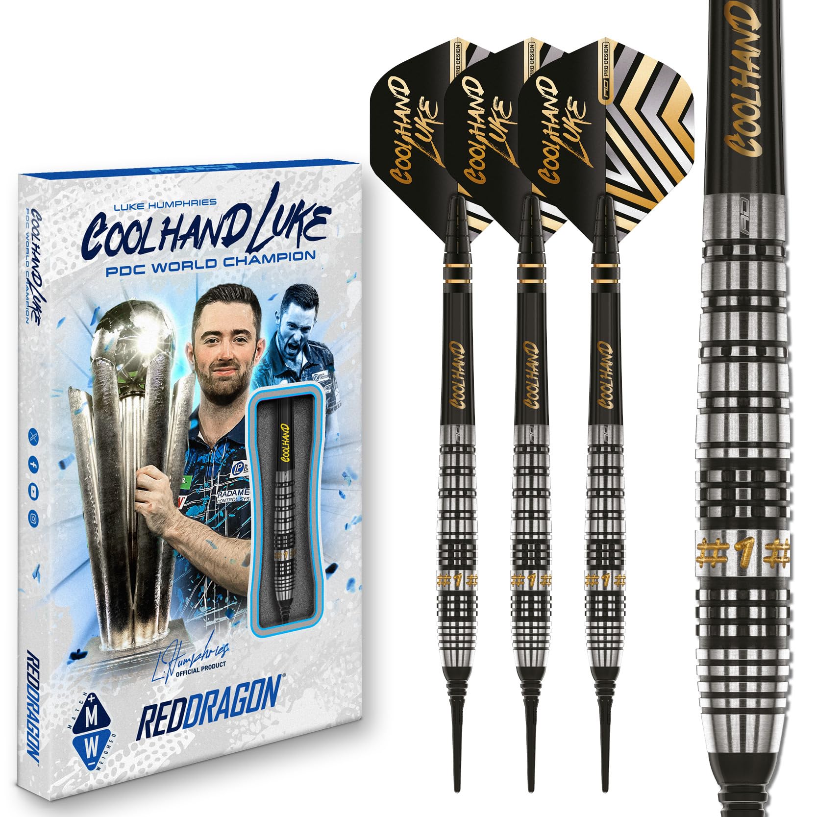RED DRAGON Darts – Professioneller Spieler - Luke Humphries Coolhand Prestige - 90% Wolfram - 18g Fass / 20g Volles Gewicht Weiche Spitze Dart-Set mit Dart Flüge und Dartschäfte