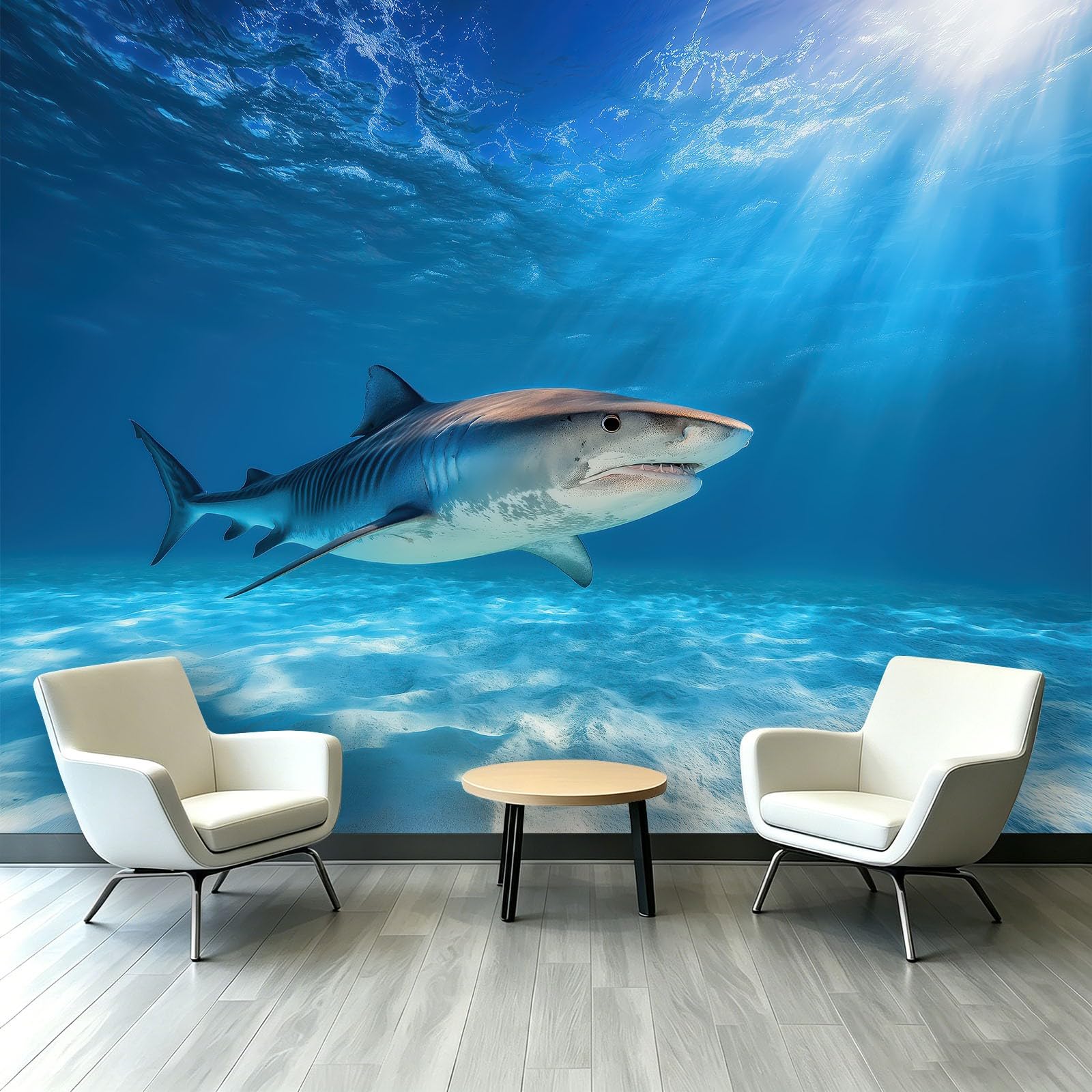 Générique Tapeta z włókniny morskiej 400 x 280 cm, tapeta z białego rekina 3D zwierzęta panoramiczne zdjęcie, łatwa do zainstalowania dekoracja ścienna do salonu, sypialni, kuchni