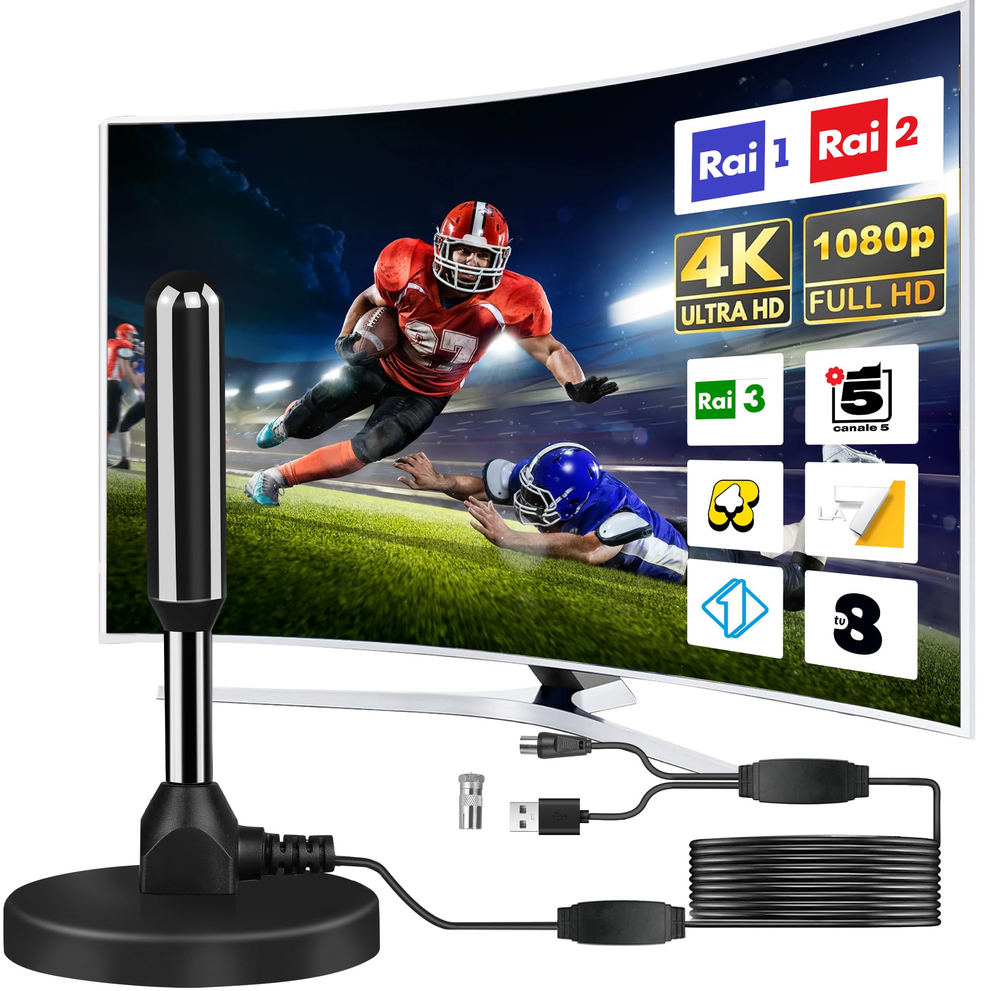 Antenna Tv Interna Amplificata Potente, 2026 Nuova Antenna Tv Interna, 500 Chilometri Di Ricezione A Lungo Raggio Con 360 Gradi Di Spazio Morto