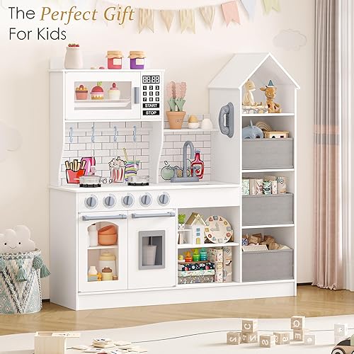 Miniatura 7 de Cocina grande de madera para jugar, cocinas de juguete grandes para niños con sistema de almacenamiento, juego de chef para niños pequeños con 14