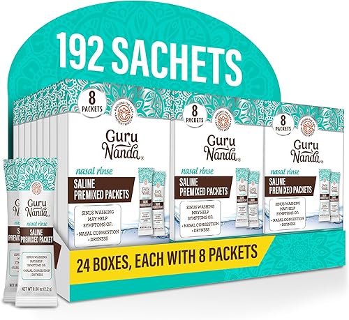 GuruNanda Paquetes de solución salina premezclados para enjuague nasal (192 unidades), paquetes de enjuague sinusal natural para ayudar con alergias