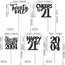 30PCS Black 21st Birthday Cupcake Toppers Glitter Twenty One Happy 21st Straight Outta 2004 Cupcake Picks for Cheers to 21 Years Birthday Anniversary Party Decorations Supplies