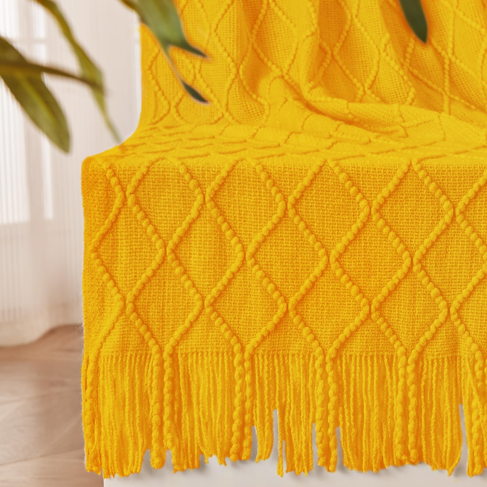 inhand Knitted Fall Throw Blanket for Couch and Bed, Knit Fall Decor Halloween Blanket with Tassel, Mustard Yellow Lightweight Decorative Farmhouse Warm Woven Blankets and Throws for Women, 50"x60"