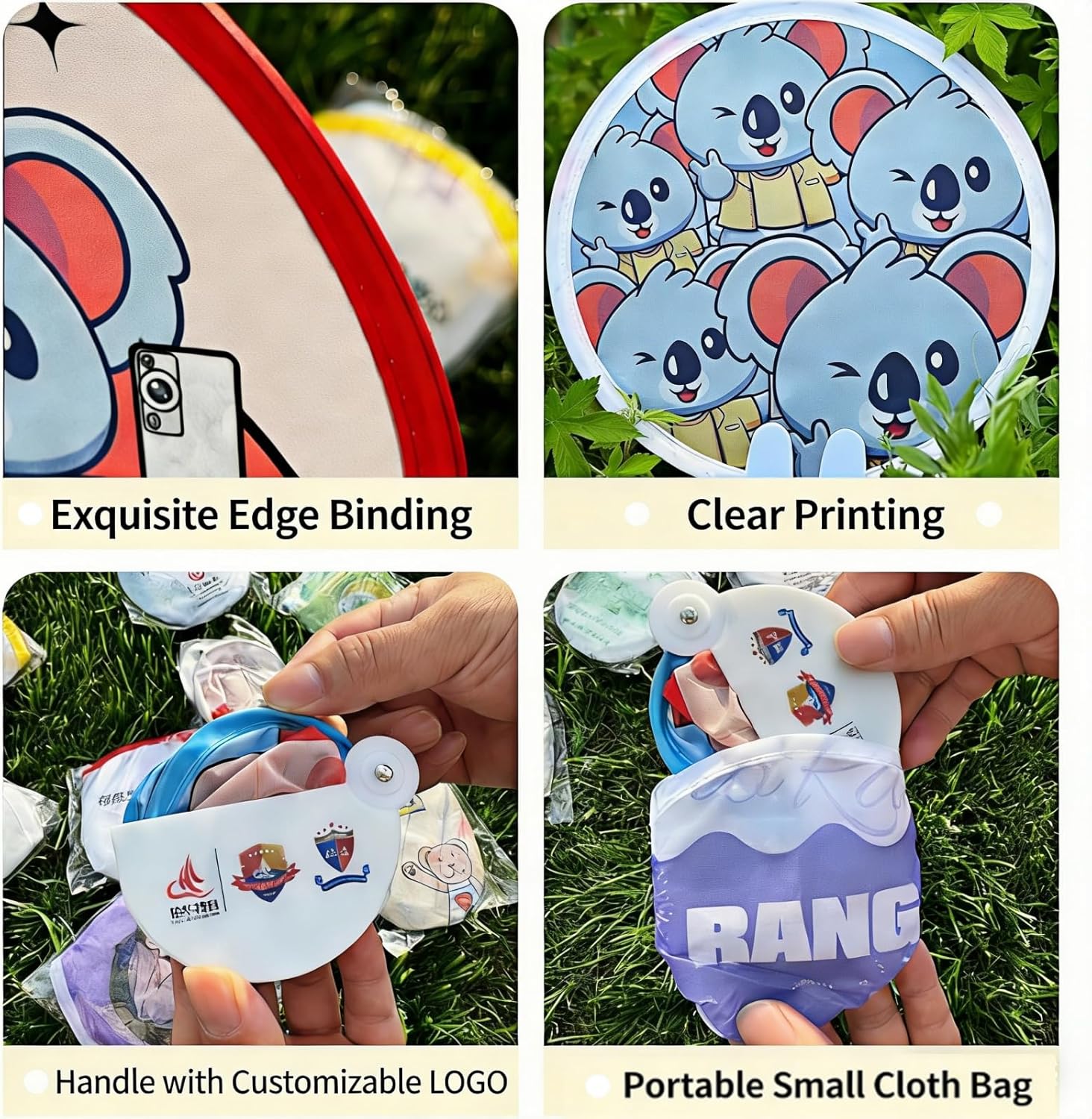 Custom Foldable Flying Disc Hand Fans with Handle & Pouch Personalized Round Folding Hand Fans with Logo Photo Text Bulk Promotional Gifts for Weddings Trade Shows Events Outdoor Party Favors (100)