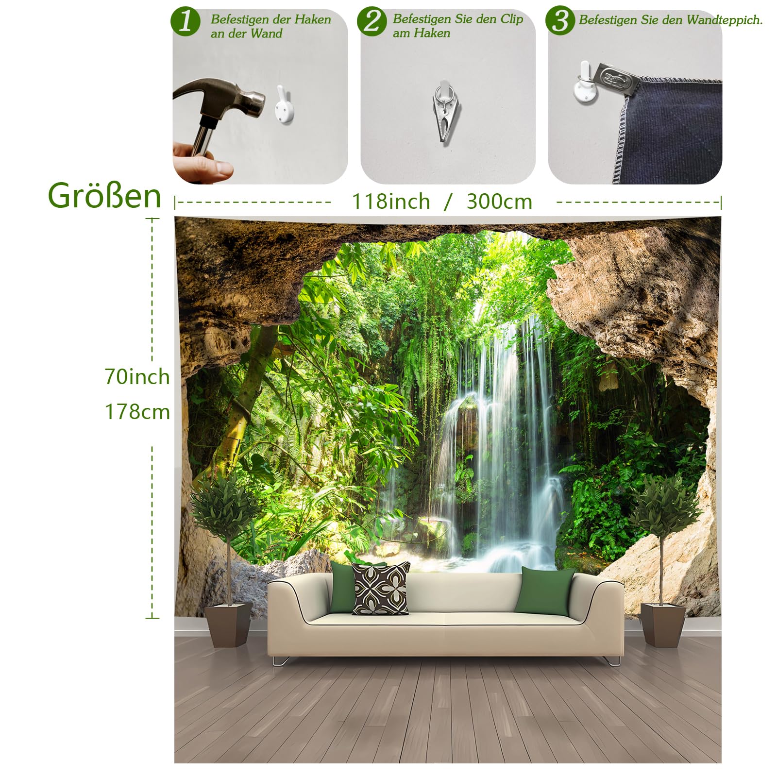 WIERAEM Wald Wandteppich Natur Wasserfall Wasser Wandtuch Groß GrüN Höhle Landschaft Wandbehang Geeignet für Wohnzimmer Schlafzimmer und Arbeitszimmer Dekoration L 300 X H 180cm