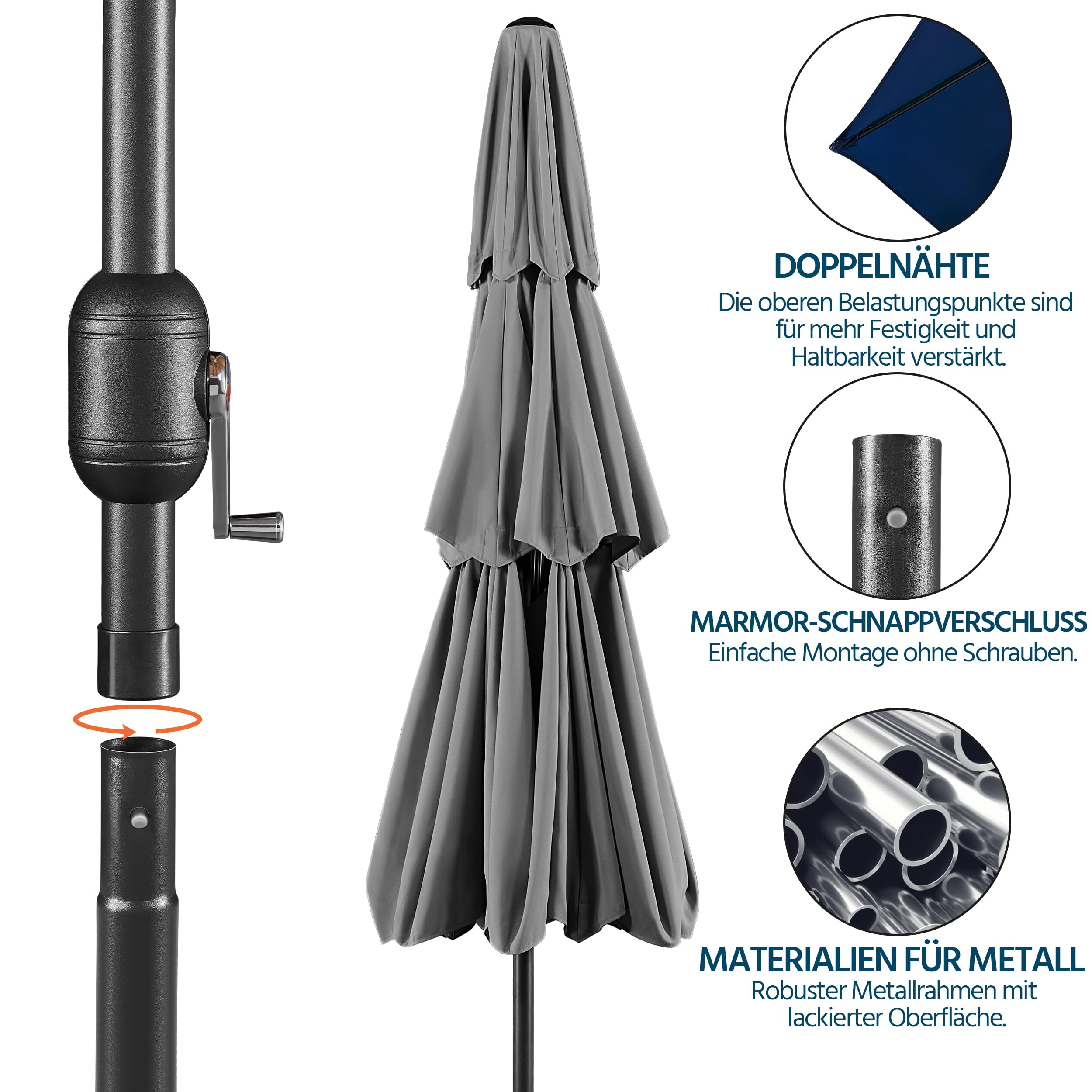 Yaheetech Parasol przeciwsłoneczny z 3-warstwowym dachem Φ 324 cm, odchylany parasol ogrodowy, ochrona przed promieniowaniem UV, wentylowany, okrągły parasol do ogrodu/balkonu/tarasu/plaży, szary