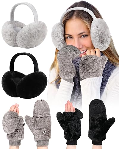 Jeere 4 Pack Winter Faux Fur Ear Muffs and Flip Mittens Set for Women Fingerless Gloves Fuzzy Ear Warmers Muffs Cover Outdoor