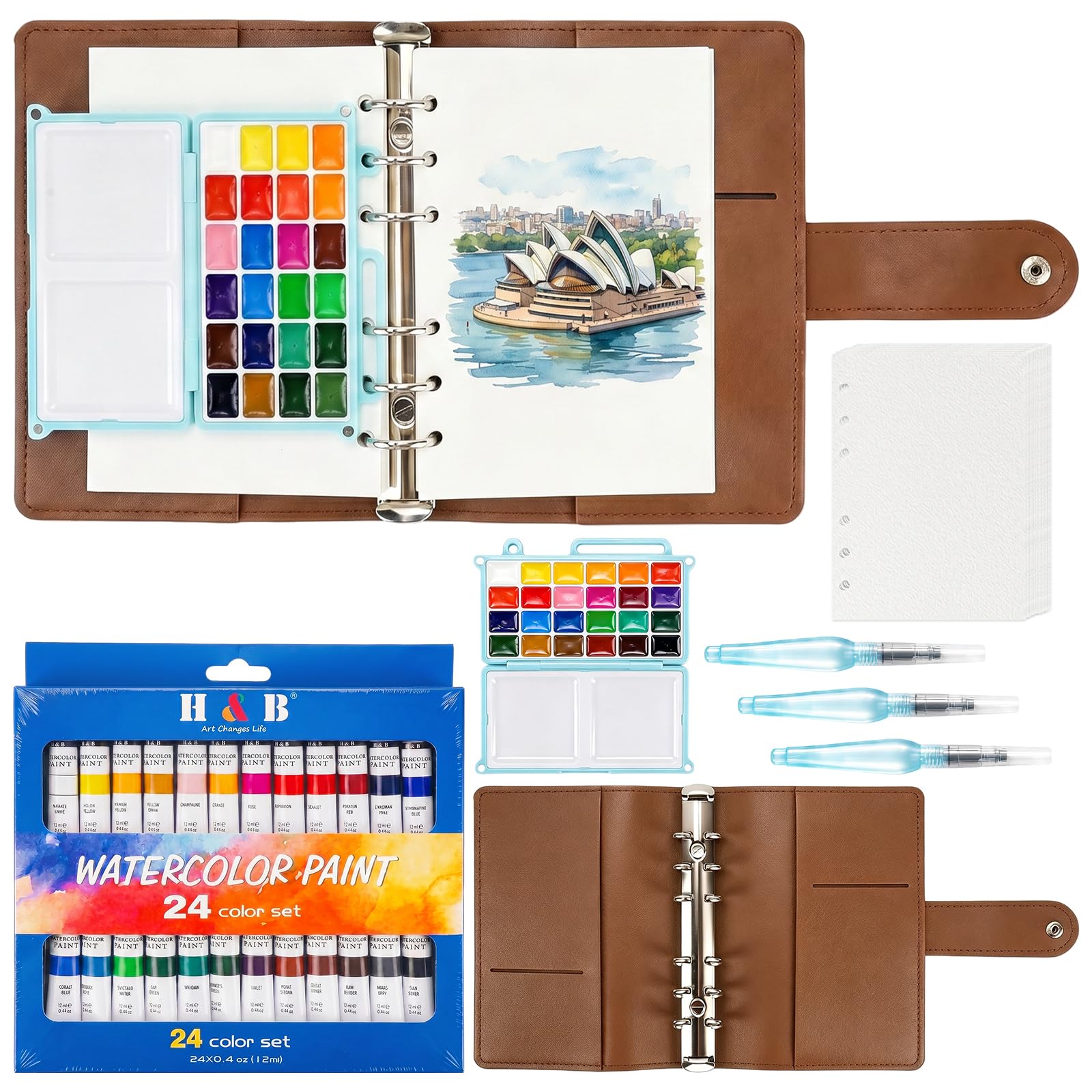 Mini Travel Watercolour Paint Set, PU Leather Watercolour Sketchbook Set