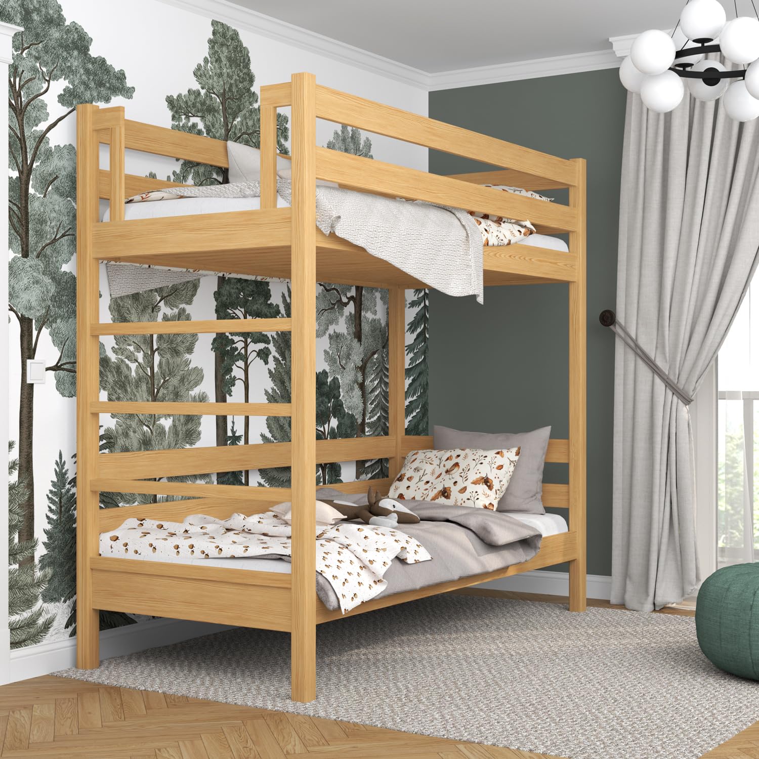 N03 Letto a castello 90x200, 100% Legno massello, Letto a soppalco per bambini e adulti, Vernici alta qualità ed ecologiche, 2 Strutture inclusa, Pino naturale