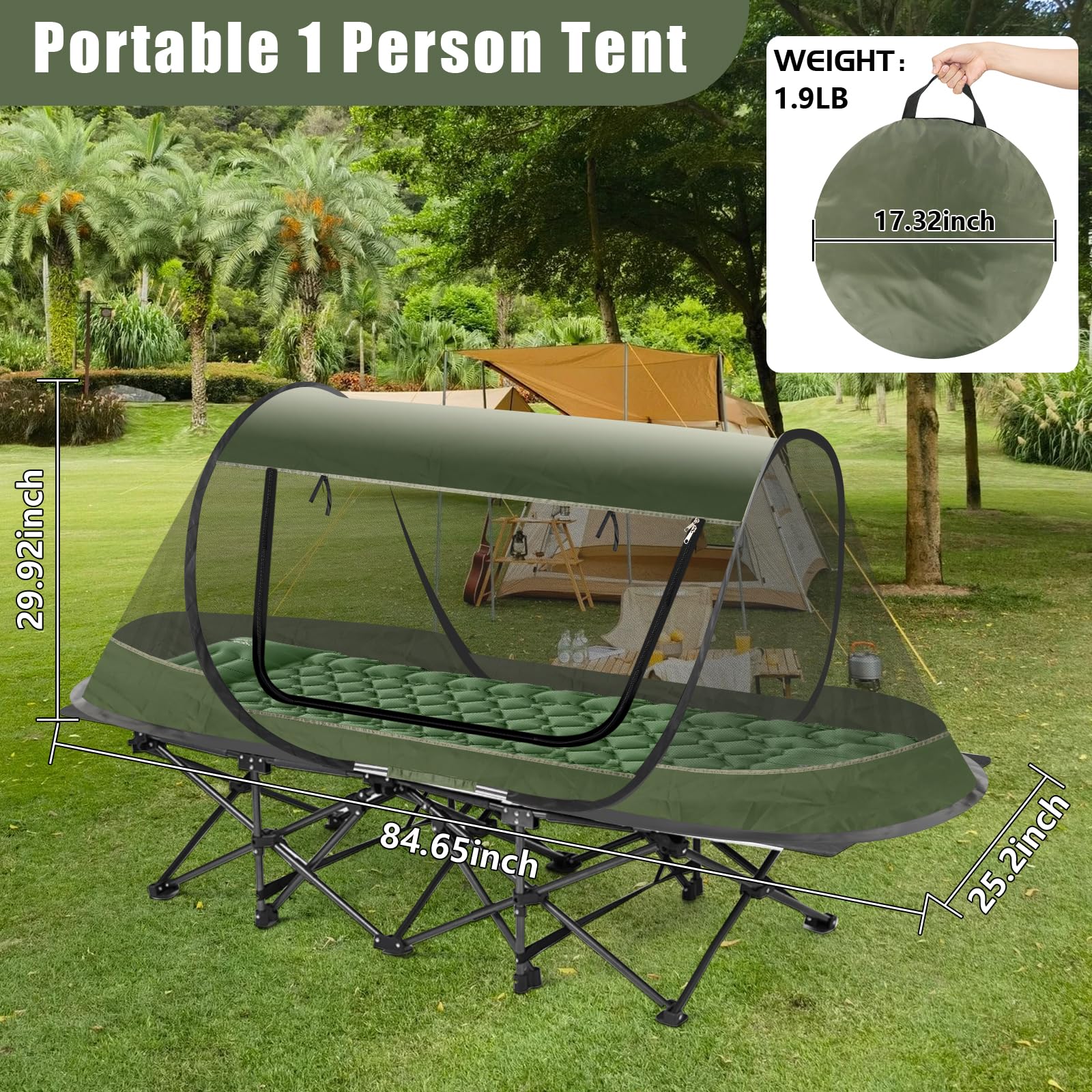 Tienda de campaña para mosquiteros desplegable para camping, tienda de campaña para 1 persona, red de pantalla de configuración automática 3s para adultos y niños, se adapta a catre de campamento 2