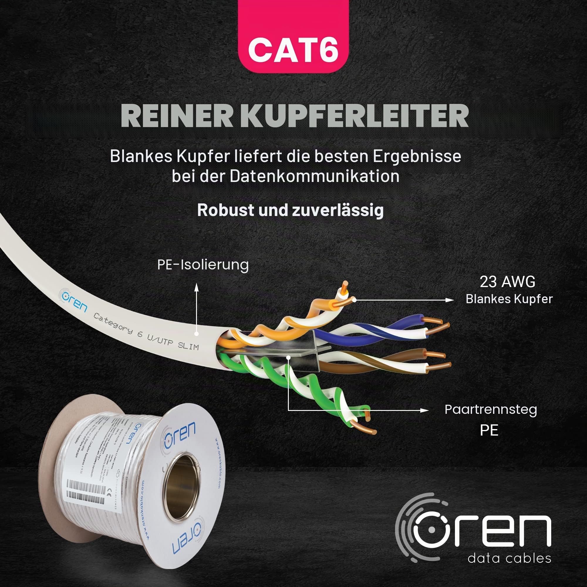 Oren CAT6 100m Ethernet Kabel Weiß - Schlank - 23 AWG Reines Kupferdraht - 250 MHz Bandbreite UTP Internet LAN Netzwerkkabel - Halogenfrei, Korrosionsfrei - Gigabit High Speed Ethernet Kabel