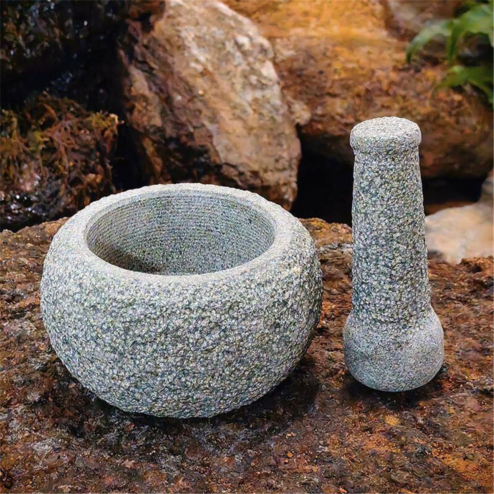 Salsas Juego de mortero y maja, molinillo especias granito resistente, gris sin pulir(Grande)