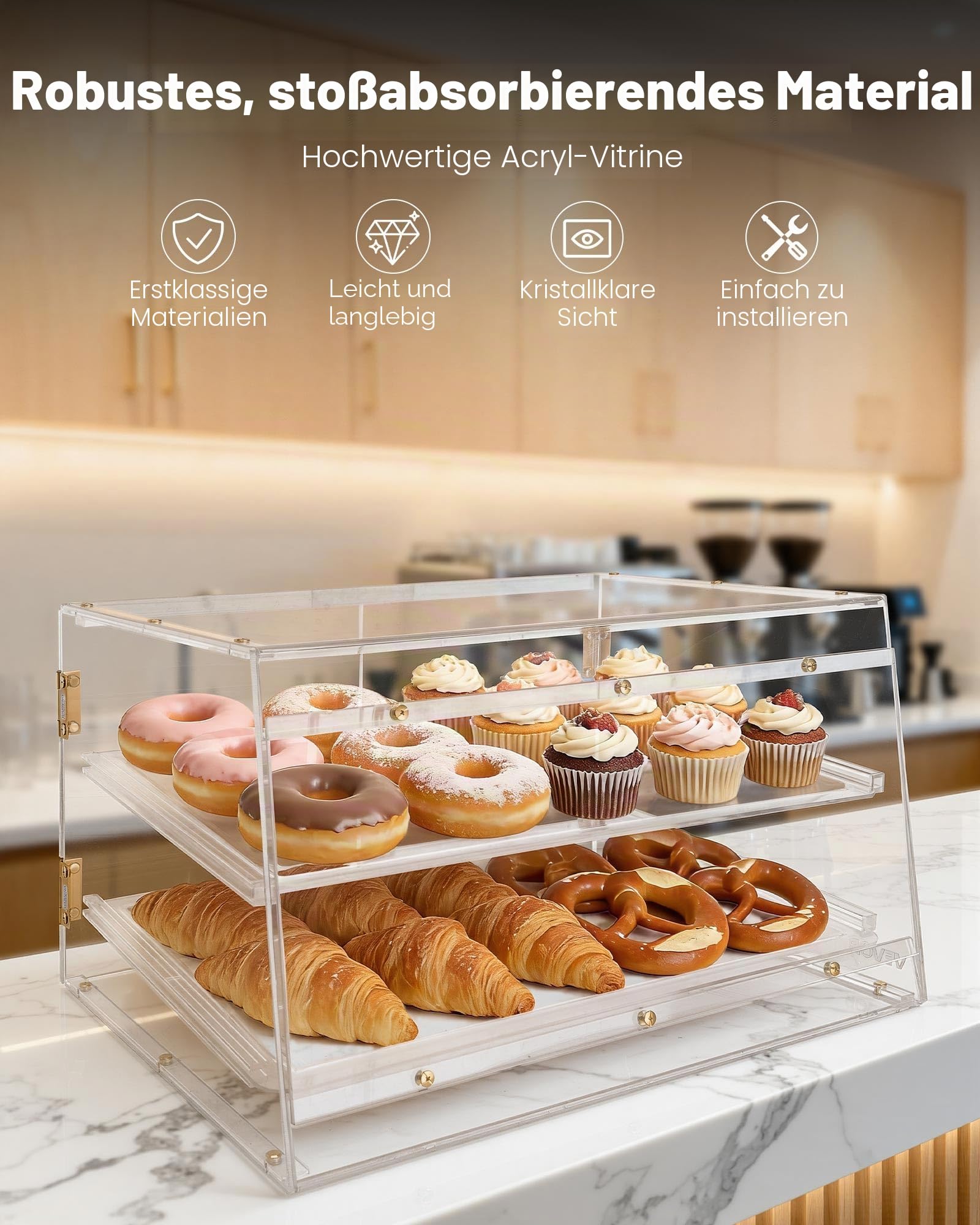 VEVOR Gebäckvitrine 2-stöckig, Gewerbliche Bäckereivitrine aus Transparentem Acryl, Thekenvitrine mit Magnetischer Rücktür & Abnehmbarer Trennwand für Kekse, Desserts und Donuts, 526 x 400 x 305 mm