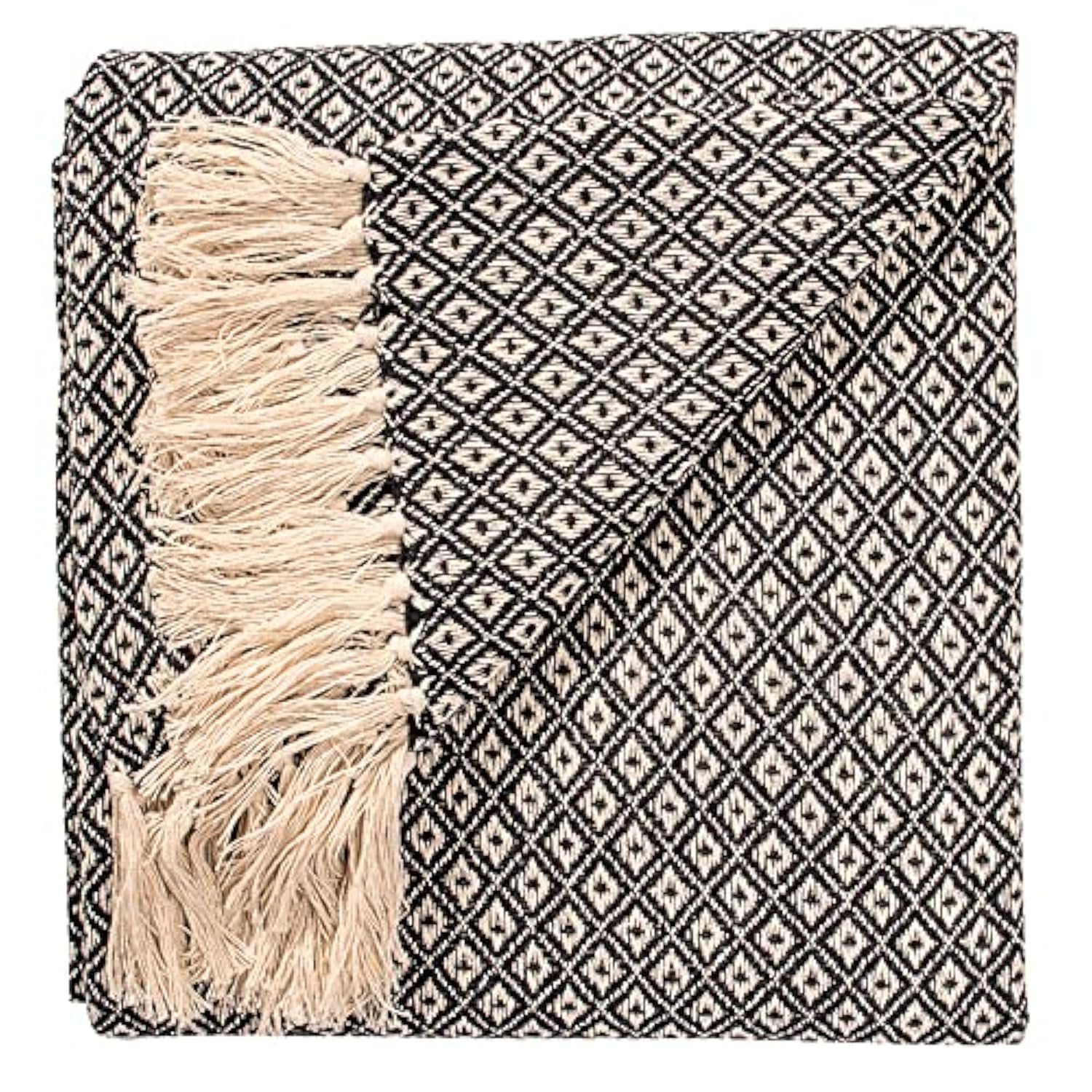 ETHNICITI Black Diamond Recycled Cotton Woven Throw Sofa Bedspread for Settee Armchair Fringe Blanket Picnic Mat - 130x180cm