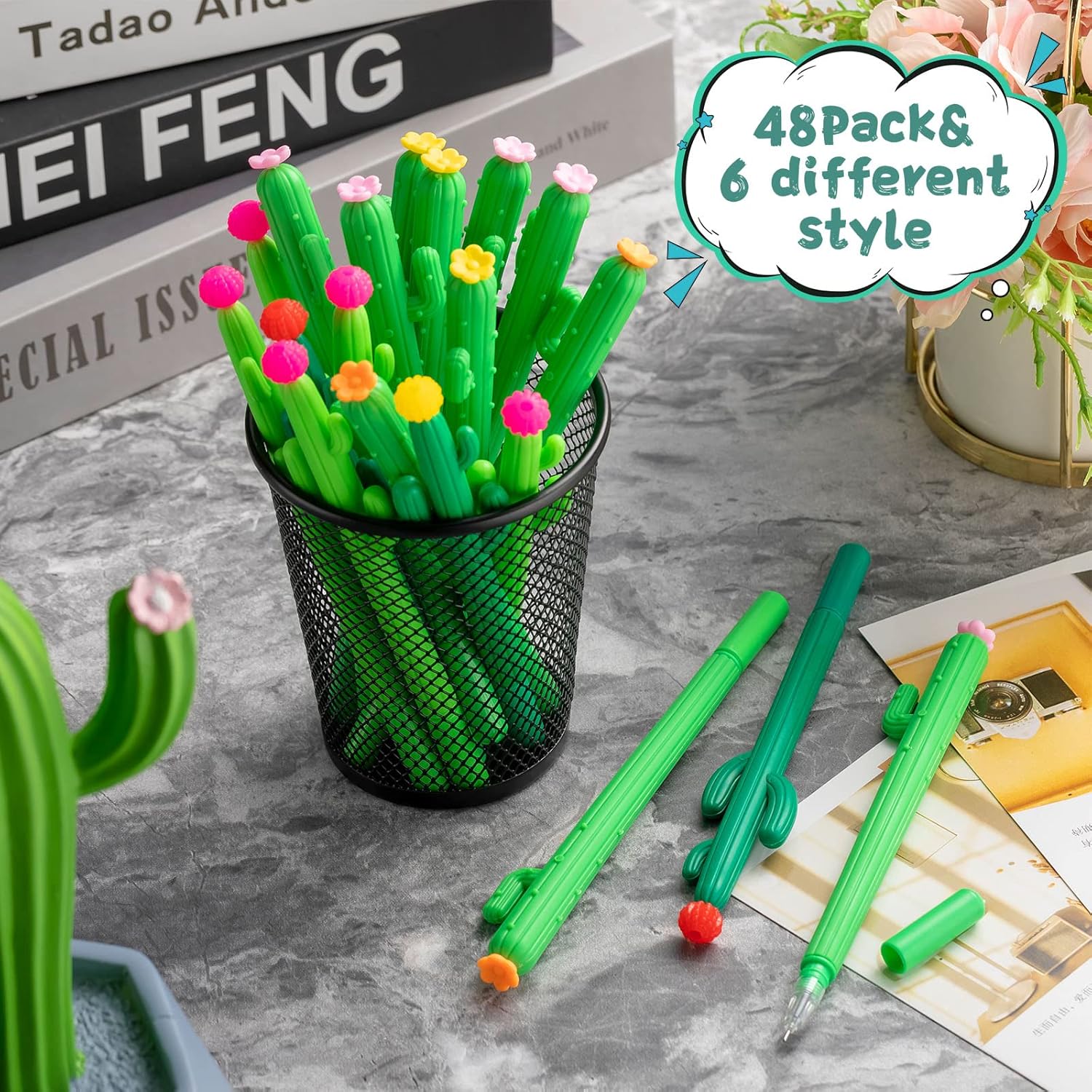 48 Pcs Cactus Shaped Pens Cacti Writing Pens 0.5 mm Black Ink Cactus Gel Pens Cute Stationary Saguaro Rollerball Pens Cactus Pens with Flowers for Office School Cactus Theme Party Boutique Supplies