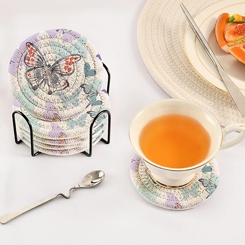 Miniatura 5 de innewgogo Butterflies 6 Pcs Absorbent Drink Coasters for Tabletop Protection Round Woven Coaster with Holder & Heat Water Resistant Bulk Cup Coaster