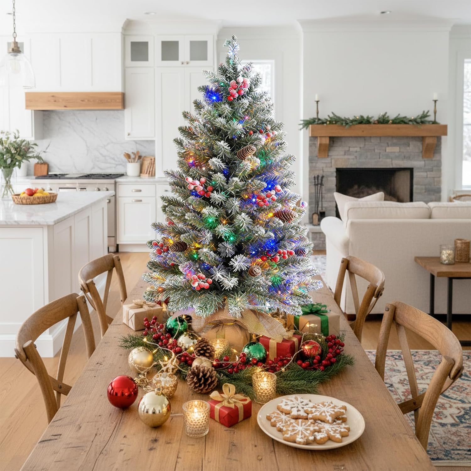 3 Ft Artificial Mini Christmas Tree, Snowy Tabletop Christmas Tree 50 Colorful Lights Timer Battery Operated 110 Branches 12 Pinecones 84 Red Berry Burlap Base Xmas Decor