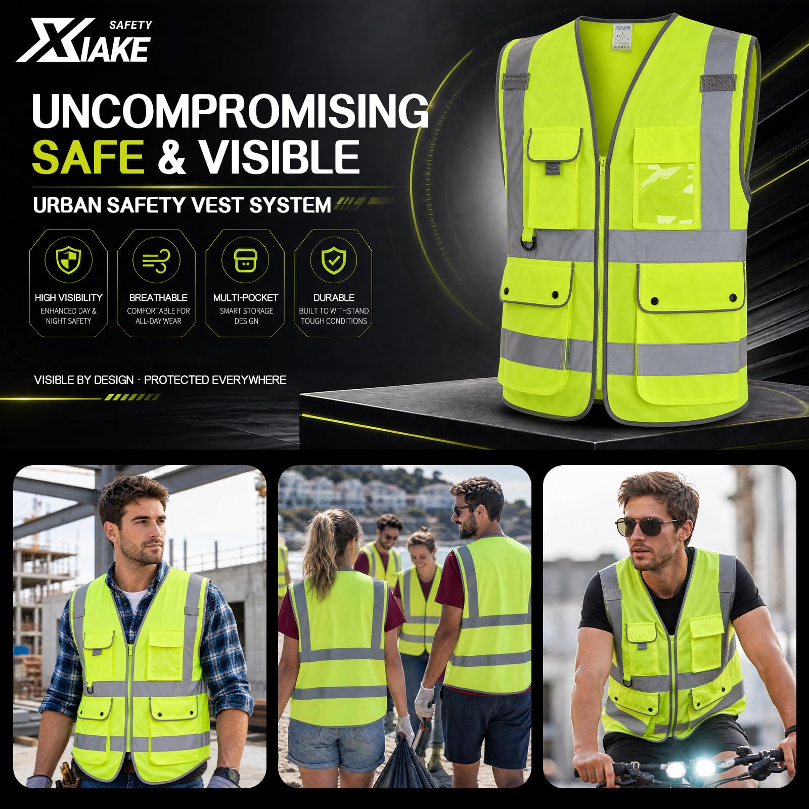 XIAKE Gilet antinfortunistici RV120528 Gilet riflettente di sicurezza ad alta visibilità con 8 tasche