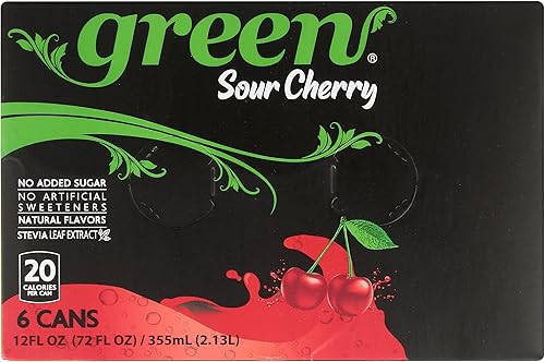 Green Soda - Cereza agria espumosa con jugo de fruta real, endulzado naturalmente, sin edulcorantes artificiales, sabores naturales, 66.9 onzas