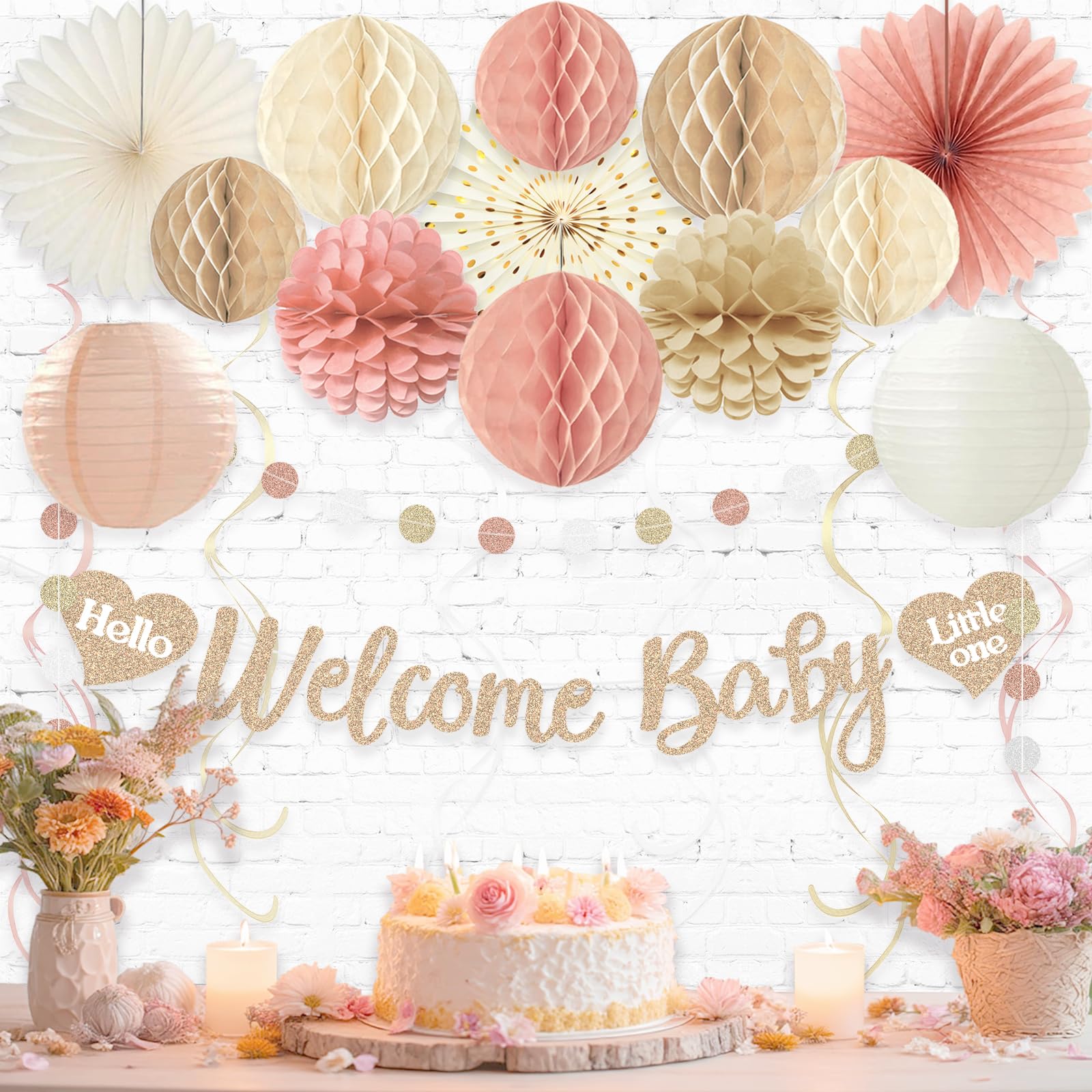 Boho Baby Shower Decorations for Girl, Pre-Strung Welcome Baby Banner with Honeycomb Balls, Paper Flowers, Lanterns, Fans, Hanging Swirls, Circle Dots Garland for Girl Baby Shower Decorations 24pcs