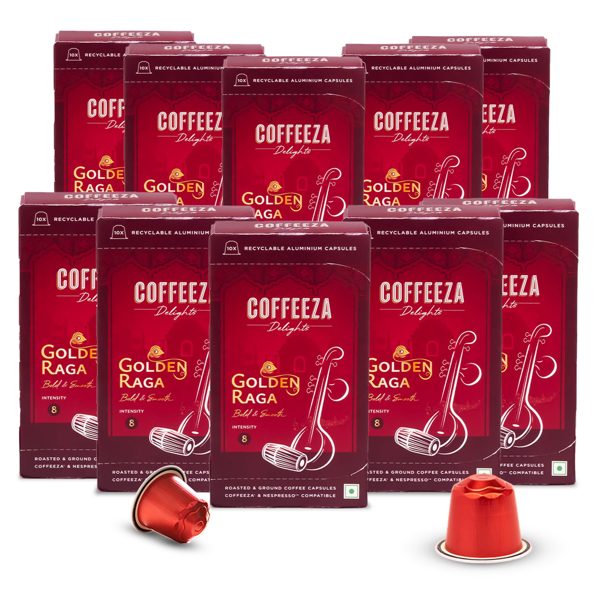 COFFEEZA Delights Golden Raga Coffee Capsules (Budget-Friendly) Nespresso Compatible Coffee Capsules |Box of 20 - (200 C