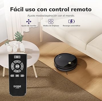 EASINE Robot Aspirador, Succión Potente, Diseño Sin Cepillos, Autorecarga, Mando, Delgado, Silencioso, para Pelo Mascotas & Suelos Duros, E35