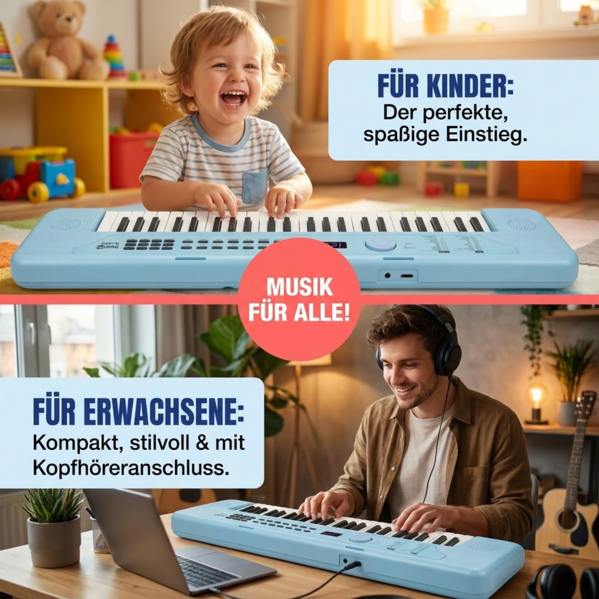 RockJam RJ490BB Mini Keyboard Piano mit 49 Tasten, tragbares elektronisches Synthesizer Keyboard Babyblau mit USB-C, Lautsprechern, Kopfhöreranschluss, 200 Klängen und Rhythmen