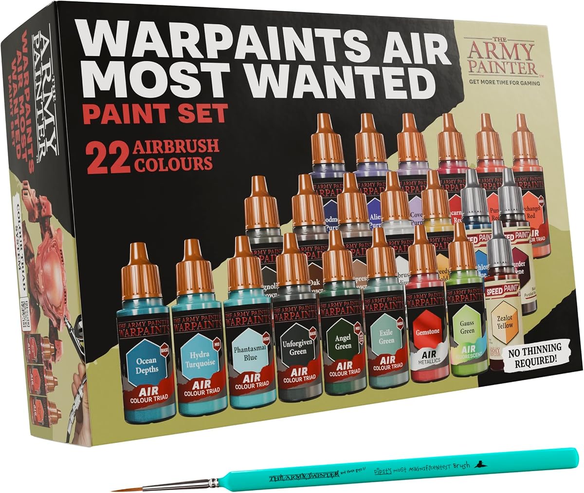 Warpaints Air Most Wanted Paint Set C, 22 x 18 ml | 19 Acrylic Airbrush Paints, incl. 2 Metallics, 1 Fluorescent, 1 Medium, 3 Speedpaints & 1 brush - for Model and Miniature
