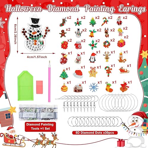 Miniatura 2 de Equsion 30 piezas de aretes y collares de pintura de diamantes de Navidad Kit de fabricación de aretes con herramientas 5D colgantes, kit de aretes