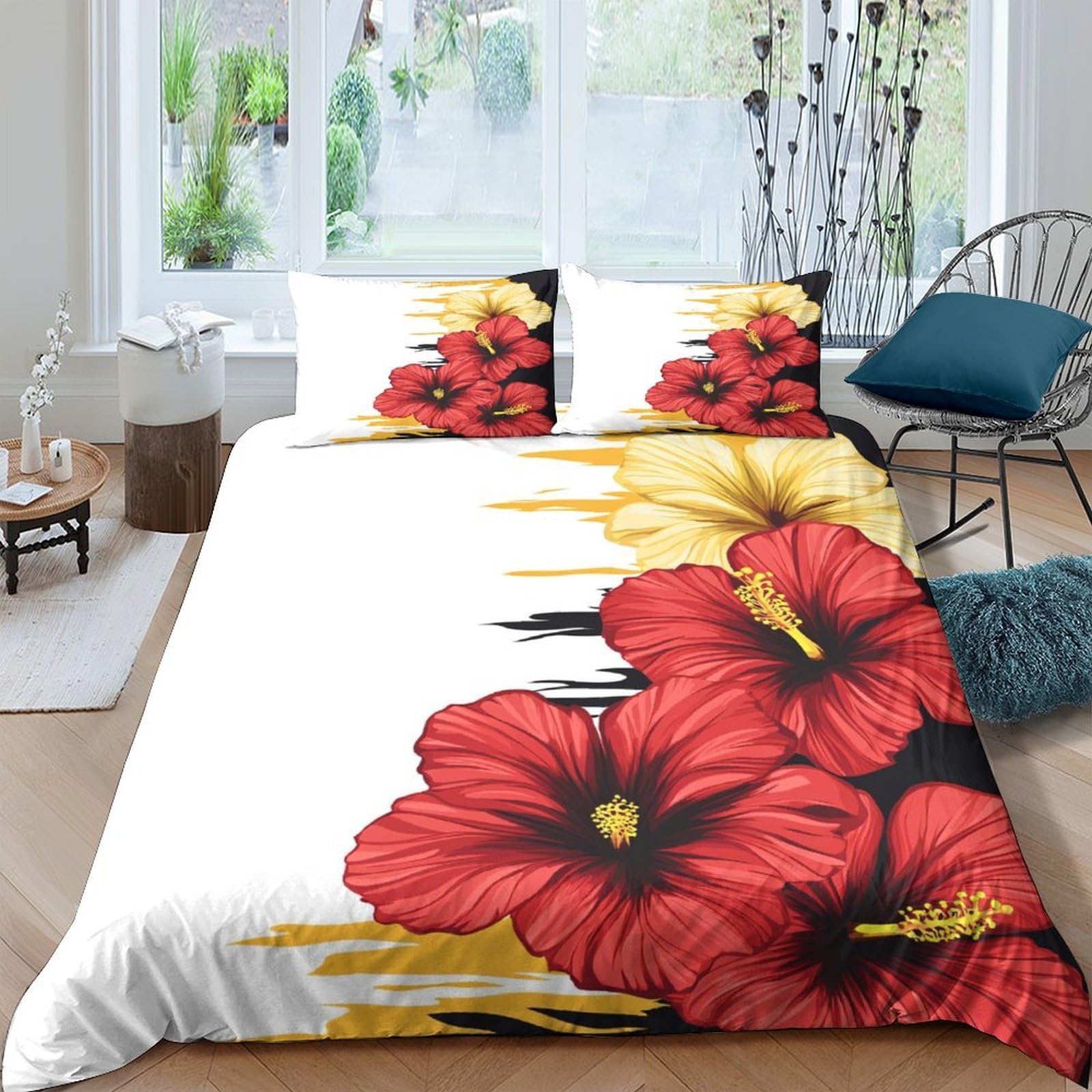 TUFRTGYHN 3D Printed Red Hibiscus Duvet Cover Microfiber Soft Breathable Yellow Floral Bedding Set with 2 Pillowcases for Bedroom Decor Single（135x200cm）