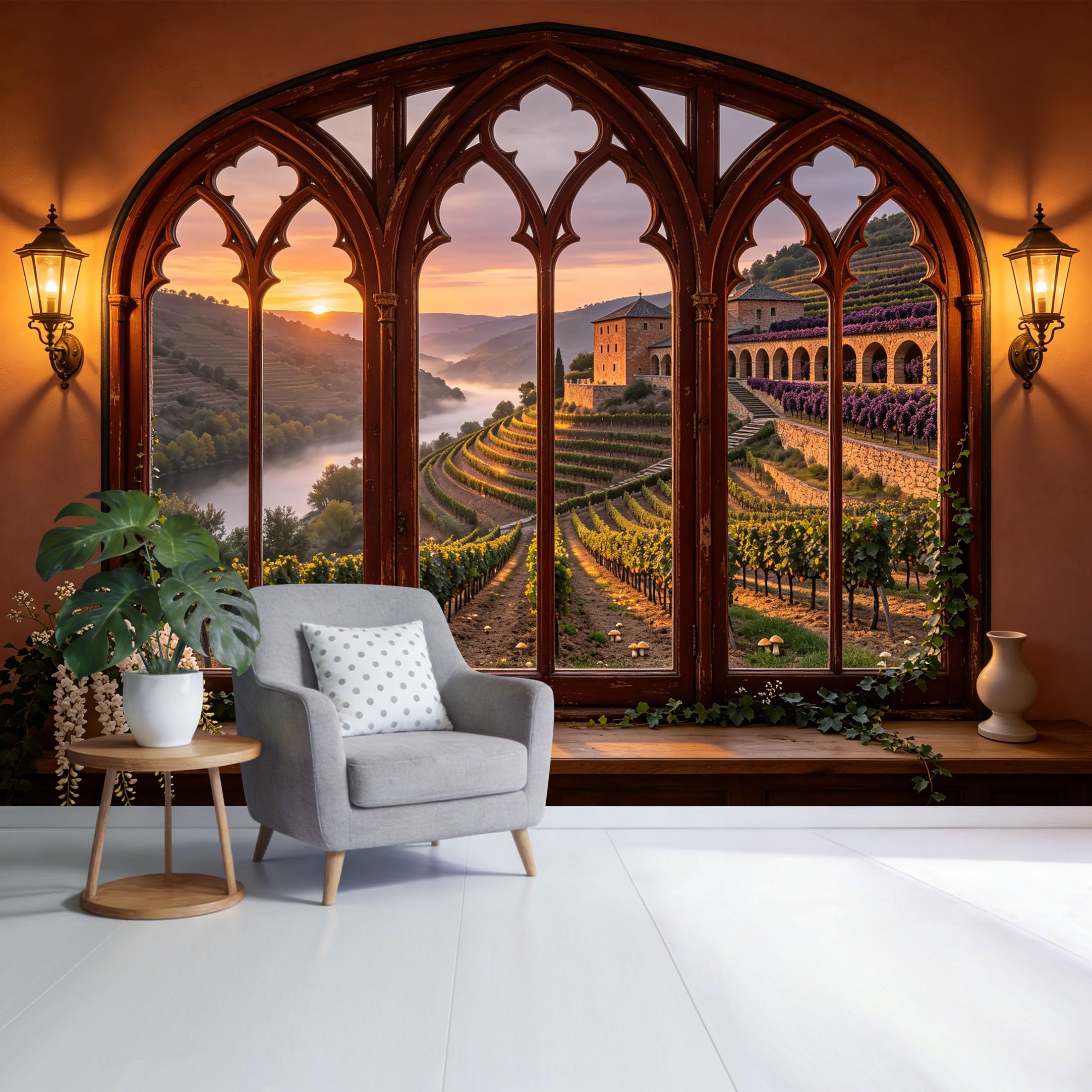 Custom Size Wall Mural， Vintage Gothic Window Tuscany Vineyard Landscape 3D Trompe L'Oeil Removable Self Adhesive Fabric， Home Wall Decor for Living Room Bedroom Bathroom