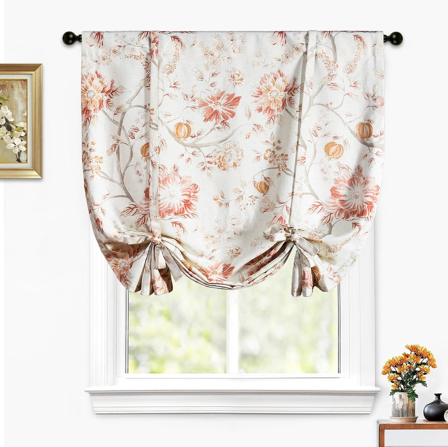 Leeva Tie Up Shade Curtains for Farmhouse, Watercolor Floral Elegant Decorative Adjustable Balloon Small Window Shade for Cafe Studio, Orange Pink, 45 x 63, One Panel