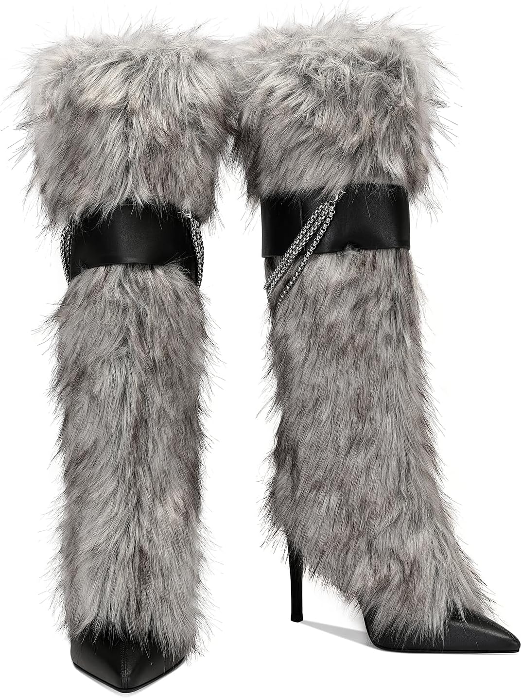 Women’s Faux Fur High Heel Boots – Furry Stiletto Boots with Chain Detail & Stretch Knit Inner Shaft Elegant Winter Fur Boot Heels for Fashion Outfits & Cold Weather