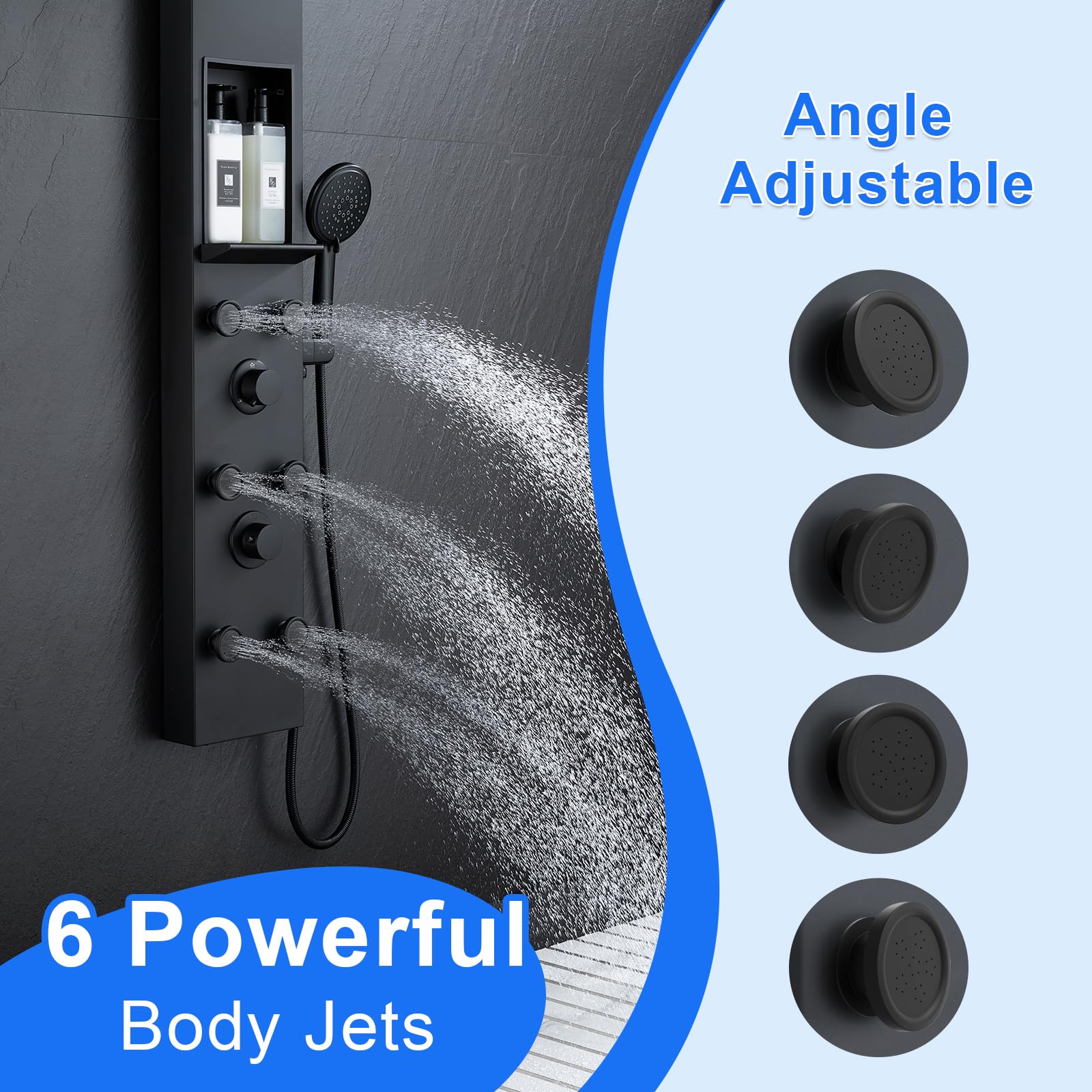 POPFLY Sistema de torre de panel de ducha, brazo de ducha ajustable, sistema de cabezal de lluvia de acero inoxidable con estante y 6 chorros de masaje corporal, panel de columna de ducha negro para