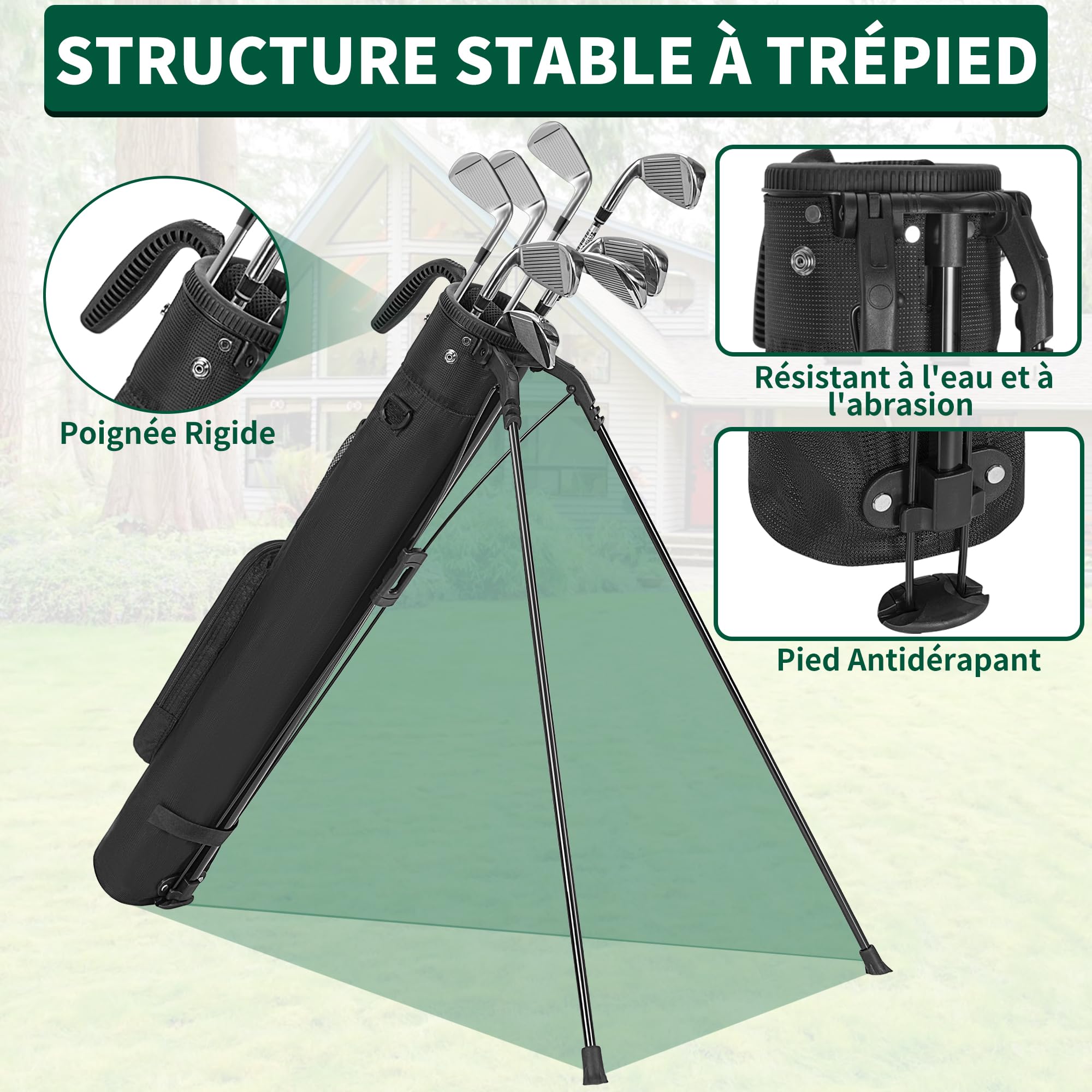 120CM Sac de Golf avec Support, Sac de Golf Léger et Portable à Pied avec 2 Poches, Bretelles Réglables pour Le Practice, Les Parcours par 3 et Les Parcours Exécutifs