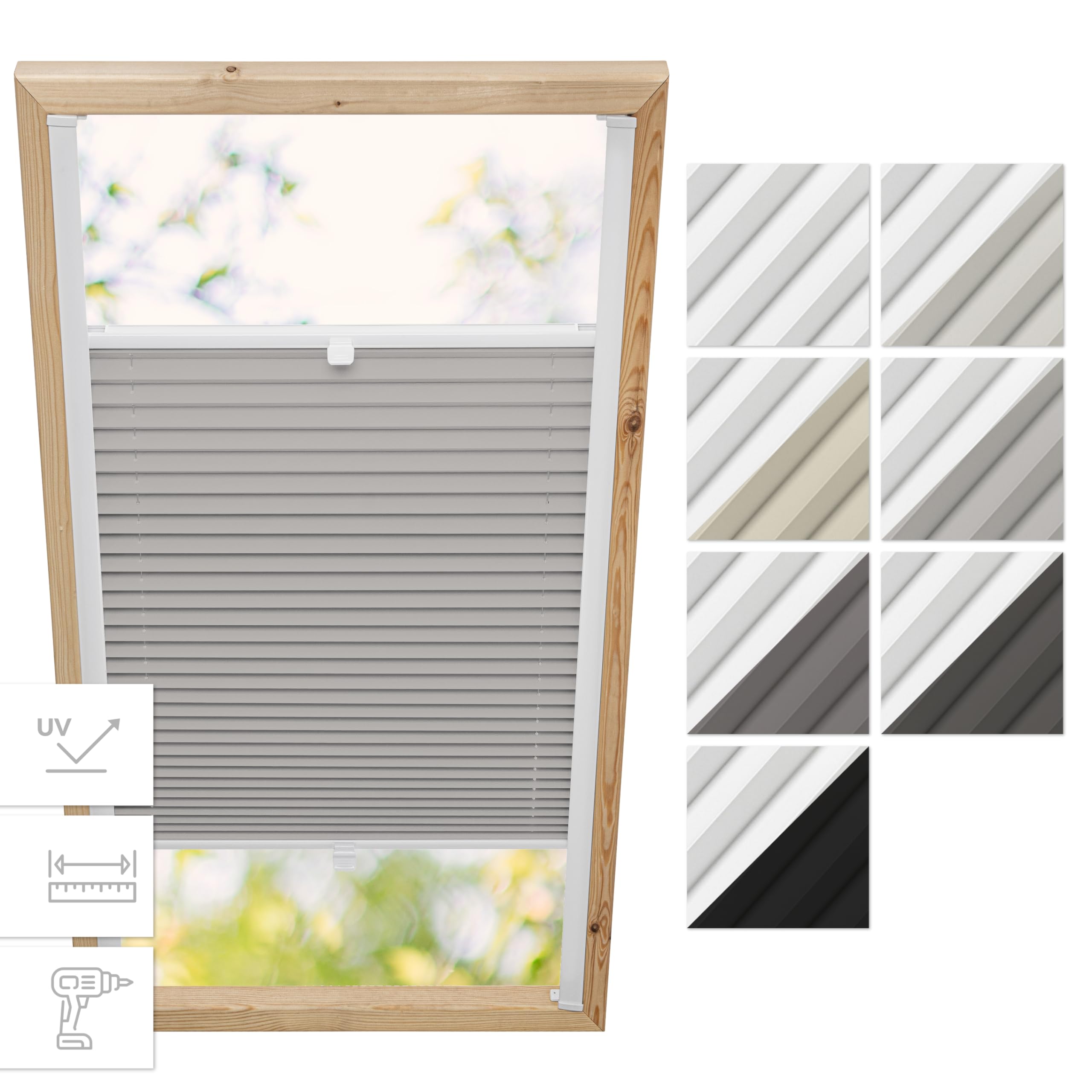 Estika Store plissé occultant pour fenêtre de Toit avec perçage sur Mesure - 7 Couleurs de Tissu, 3 Couleurs de profilés, Largeur 30-120 cm, Hauteur 50-149 cm - Store intérieur Thermique