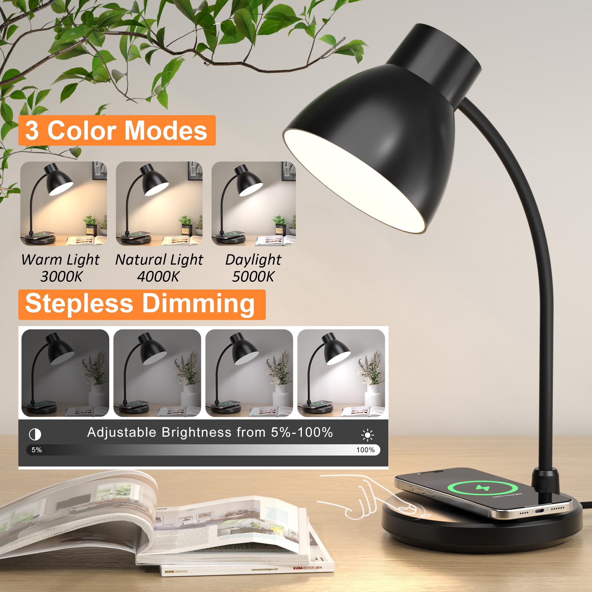 Lampade da scrivania per casa e ufficio, lampada da scrivania a LED con caricabatterie wireless, 3 modalità di colore, dimmerabile, luce da tavolo per studio, lettura e lettura, piccolo