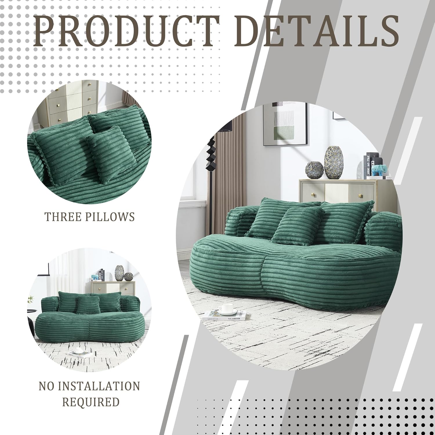 Bean Bag Chairs with 3 Pillows,64.17 Inch Bean Bag Chair with Fluffy Memory Foam,Corduroy Fabric Beanbag Loveseat Sofa Couch Lounger for Living Room Gaming,Reading,and Relaxation