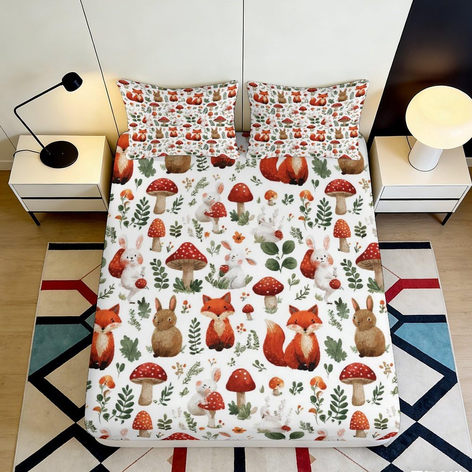 3D Printed Woodland Fox Fitted Sheet Microfiber Soft Forest Bunny Mattress Cover for Bedroom Guest Room Decor 90x200x25cm