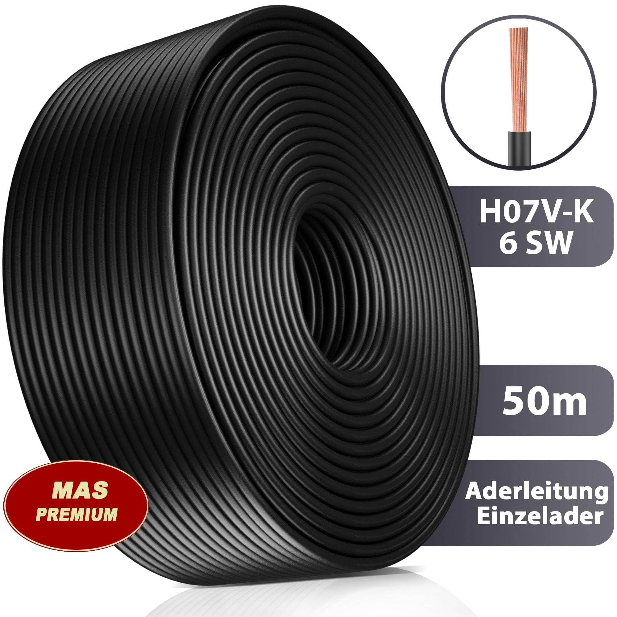 MAS Premium Przewód żyłowy od 5 do 100 m H07 V-K 6 mm², czarny, brązowy, ciemnoniebieski, zielono-żółty, szary, czerwony lub jasnoniebieski, elastyczny (czarny, 50 m)