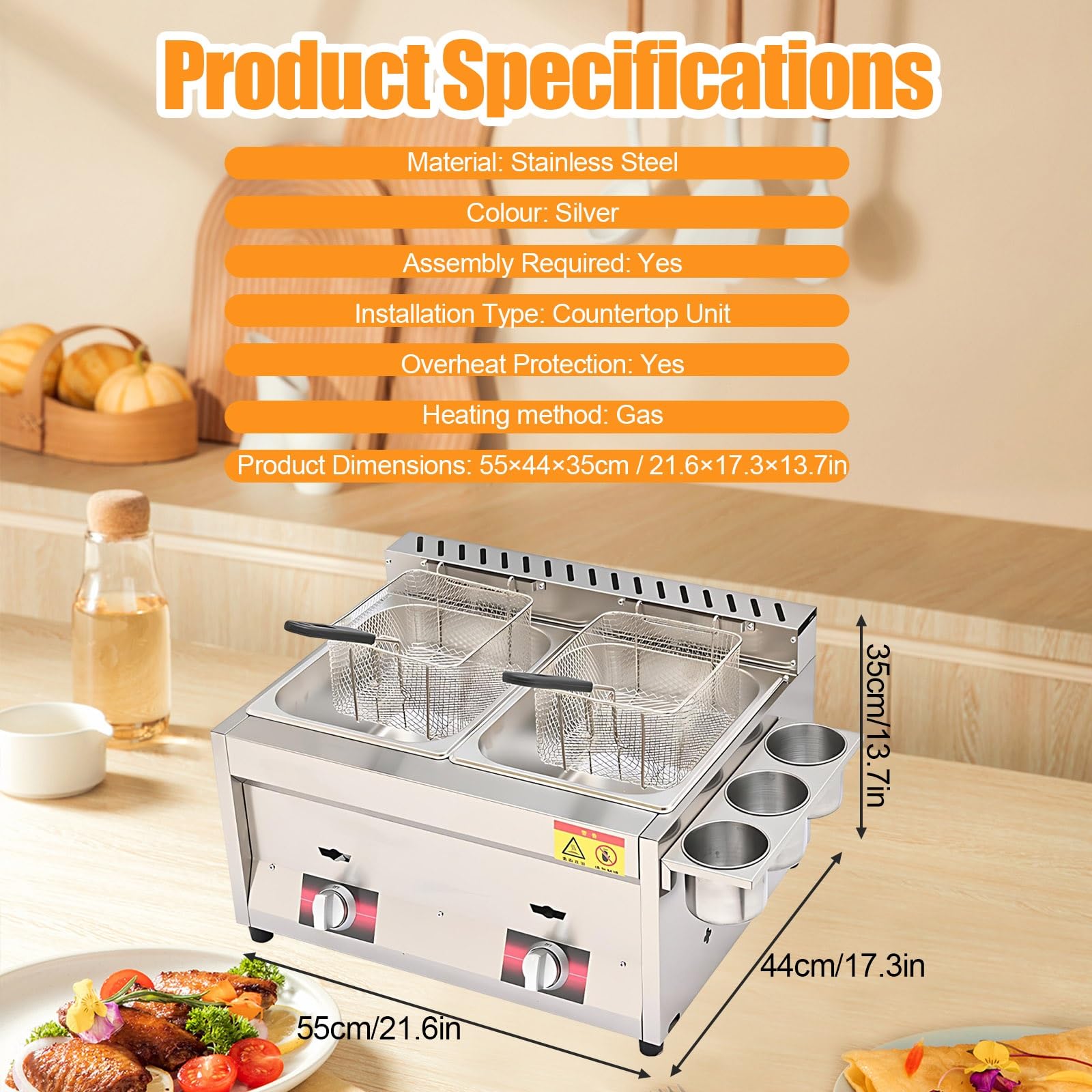 Freidora Industrial a Gas Freidora De Acero Inoxidable, Equipo De Cocción Profunda, Capacidad Multitanque Para Freír Grandes Cantidades En Restaurantes(2 tank)